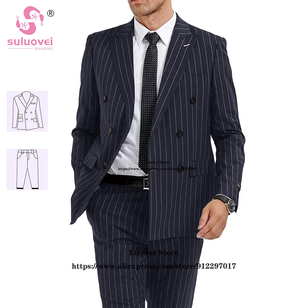 

Fashion Pinstripe Double Breasted Tuxedos Suits For Men Slim Fit 2 Piece Pants Set Groom Wedding Blazer Terno Masculino Completo