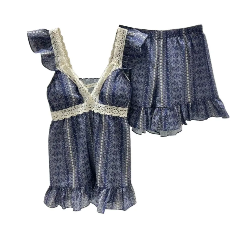 

Sweet Striped Suspender Shorts Pajamas Ruffle Sleeveless Two Piece Nightwear Lace V-Neck Loose Floral Pajamas Suit Girl