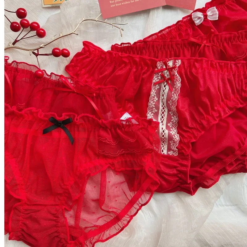 Red Bow Wave Point Perspective Ladies Underwear Sexy Lace Mid-waist Girl Lolita New Women\'s Fungus Edge Panties Loli Mini