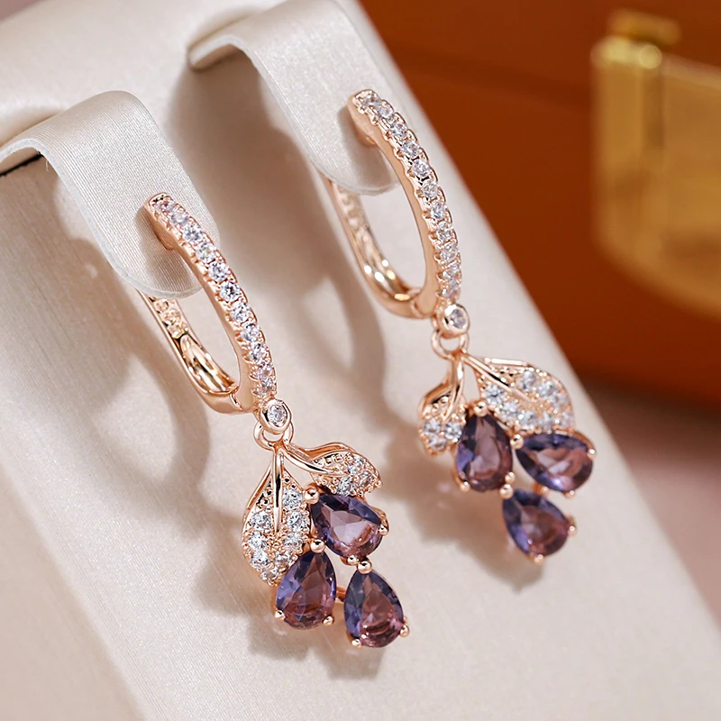 JULYDREAM Luxury Full Zircon Purple Pendant Earrings for Women 585 Gold Color Ethnic Wedding Jewelry Vintage Match Accessories