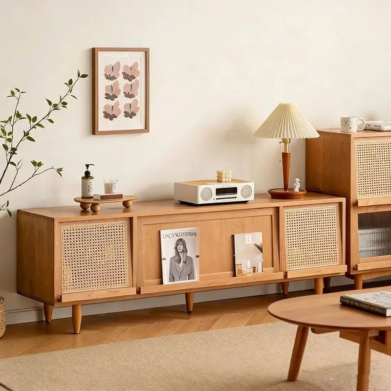 Nordic Solid Wood TV Stand with Rattan Low Console Table Modern Minimalist Living Room Audio Visual Cabinet Floor Unit