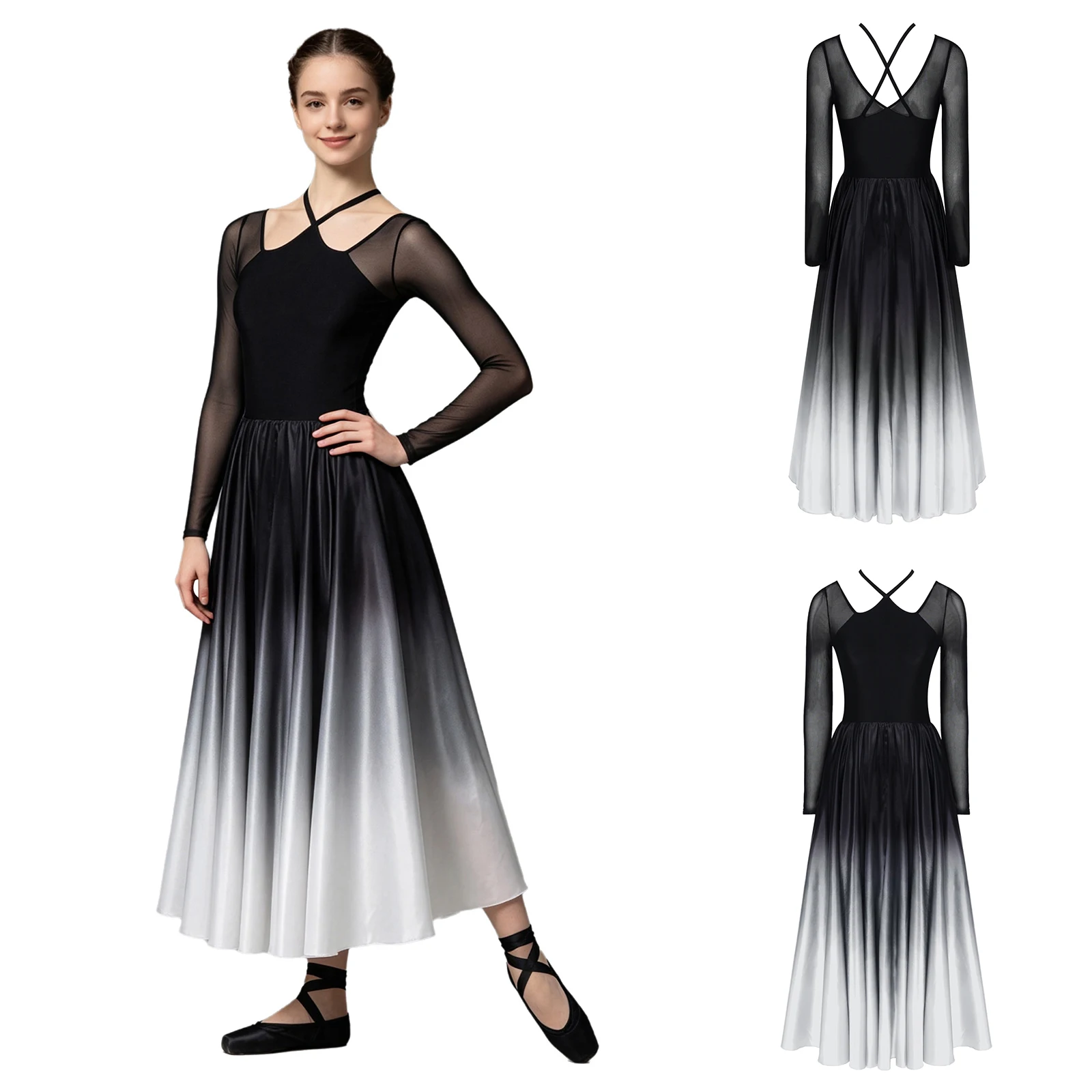 Women Flamenco Spanish Dance Dress Belly Dance Mesh Long Sleeve Big Swing Skirt Gradient Color Dresses Waltz Gypsy Performance