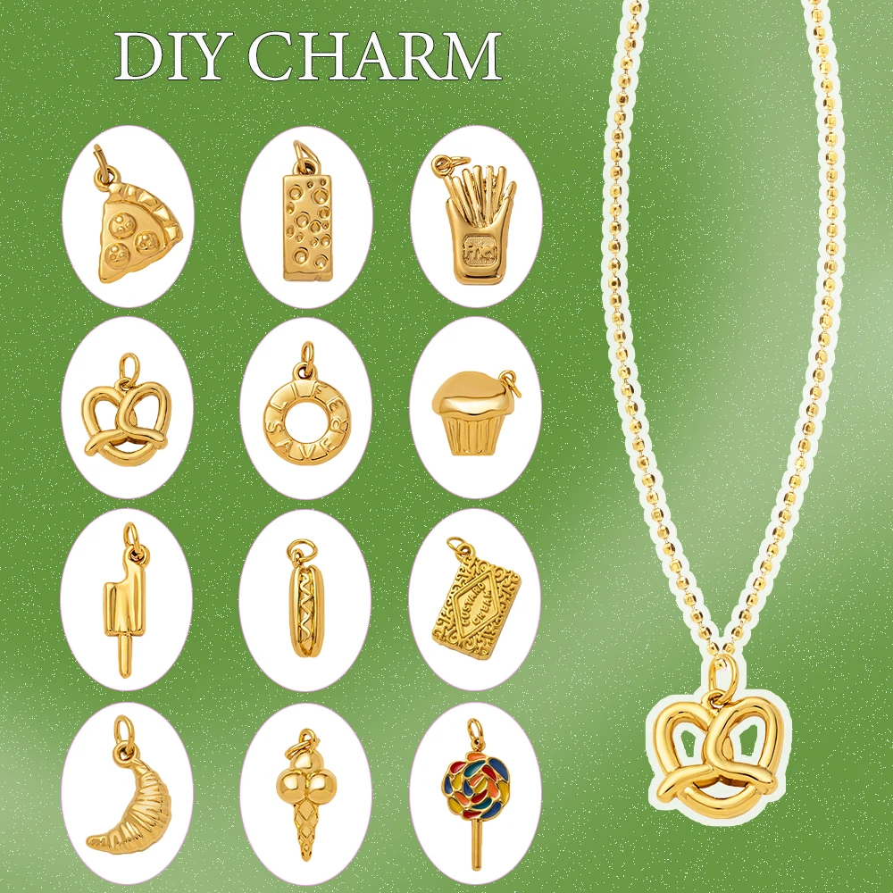FUN Food Gold Color Charm Pendant Dessert Pizza French Fries Bread For Women Stainless Steel DIY Making Jewelry Gift Accessories