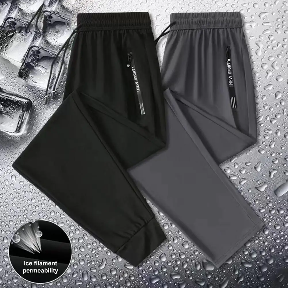 

Men Pants Men's Quick-drying Ice Silk Sport Pants with Zipper Pockets Drawstring Waist Breathable Gym Jogging Trousers