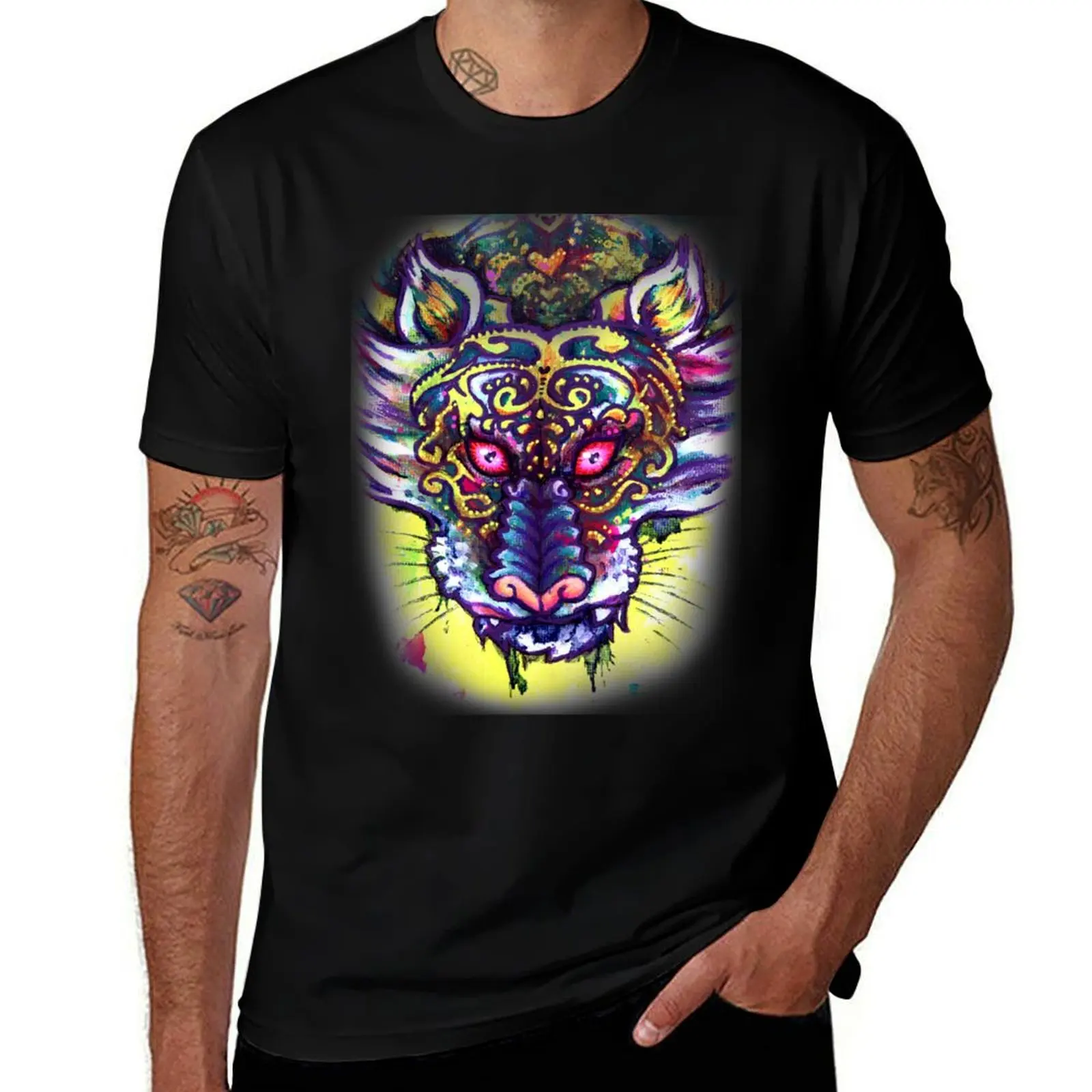 Grim Determination - Patterned Tiger Teal Yellow T-Shirt Large Size Casual Tee Shirt T-Shirt