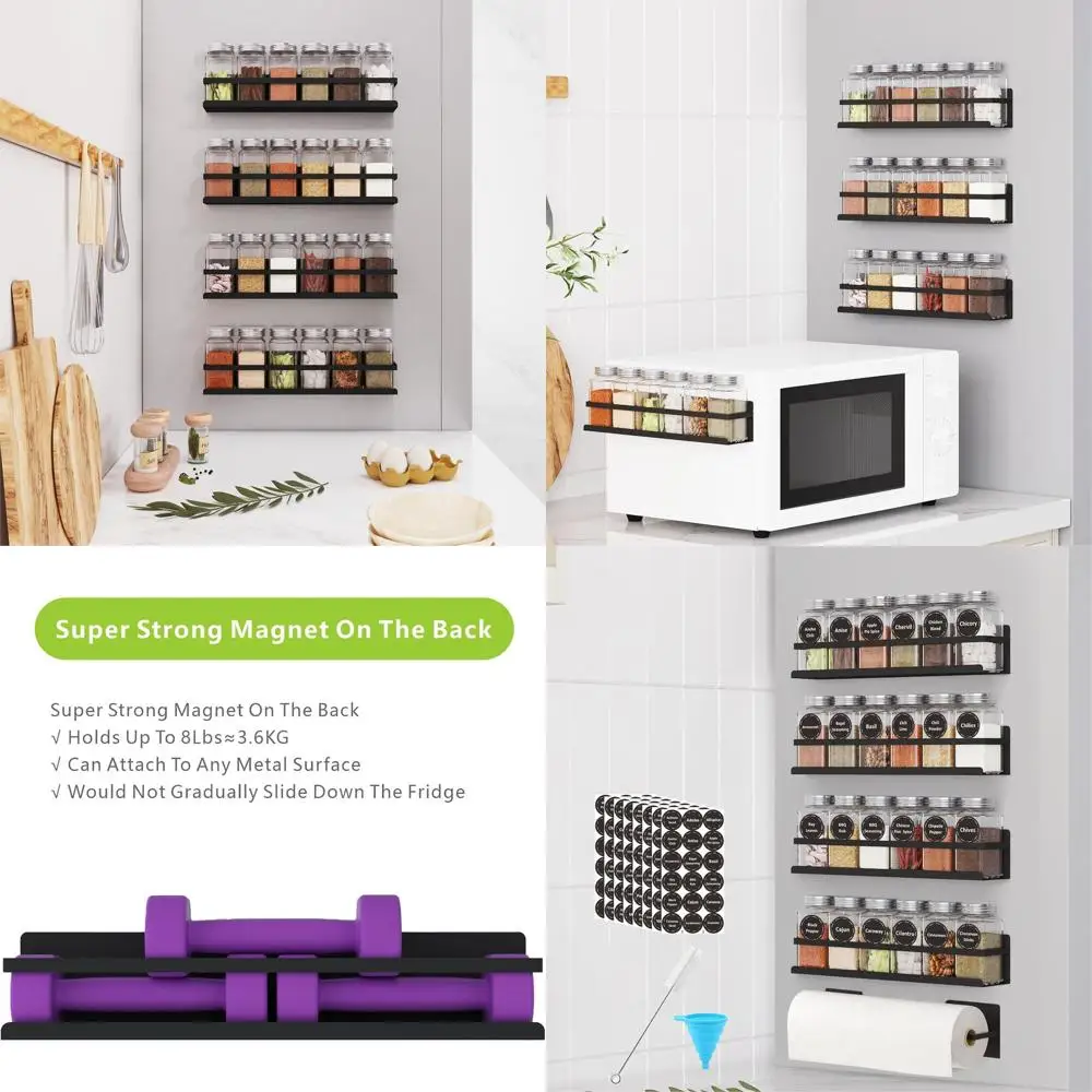

Магнитная полка для специй на 24 банки с этикетками для холодильника, упаковка из 4 предметов, черная