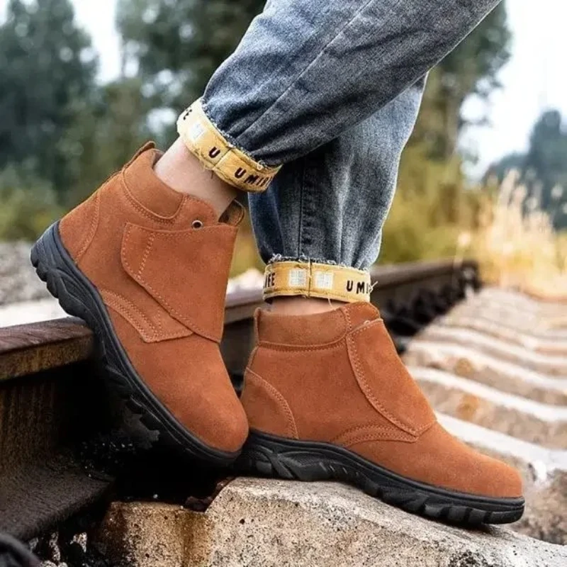 Stylish Men's Mid Top Work Safety Shoes Genuine Cowhide Leather  Anti Smash Puncture Resistant Heat Proof Soft Sole for Welding