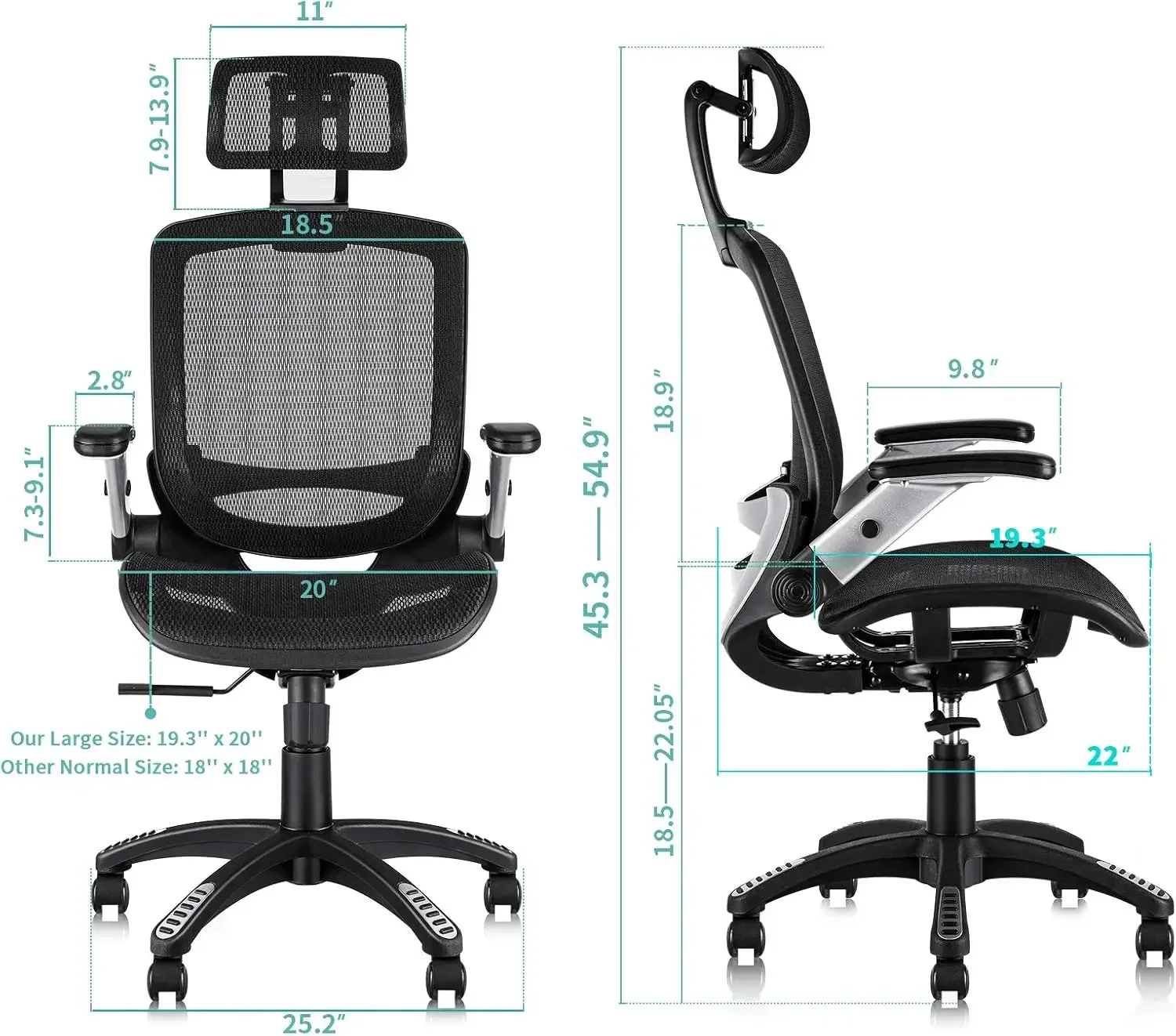 Gabrylly ergonomischer Bürostuhl aus Mesh, verstellbarer Kopfstütze mit hoher Rückenlehne und hoch klappbaren Armen, Kipp funktion,