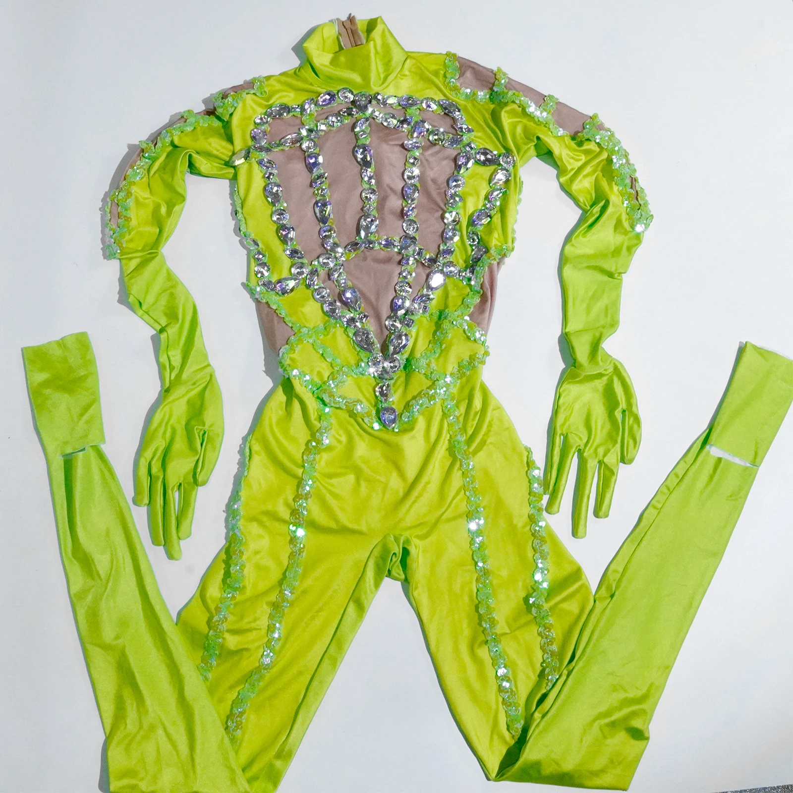 

Sparkling Fluorescent Green Rhinestones Sequins Jumpsuit Birthday Party Singer Dance Stage Costumes Nightclub Drag Queen Outfit