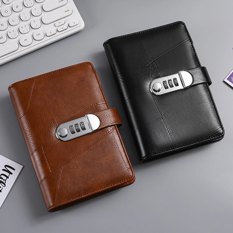 A6 Splicing Retro Lock PU Clip-on Notebook Leather Loose Leaf Notebook Cover Notebooks Journal Kawaii Stationery