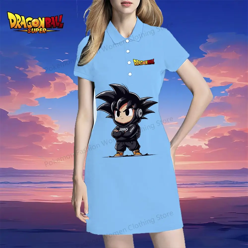 Women's Polo Shirt Dresses Dragon Ball Kakarotto 2024 S-2XL Summer One-piece Dress Y2k V Neck Street Wear Kawaii Fashion Elegant