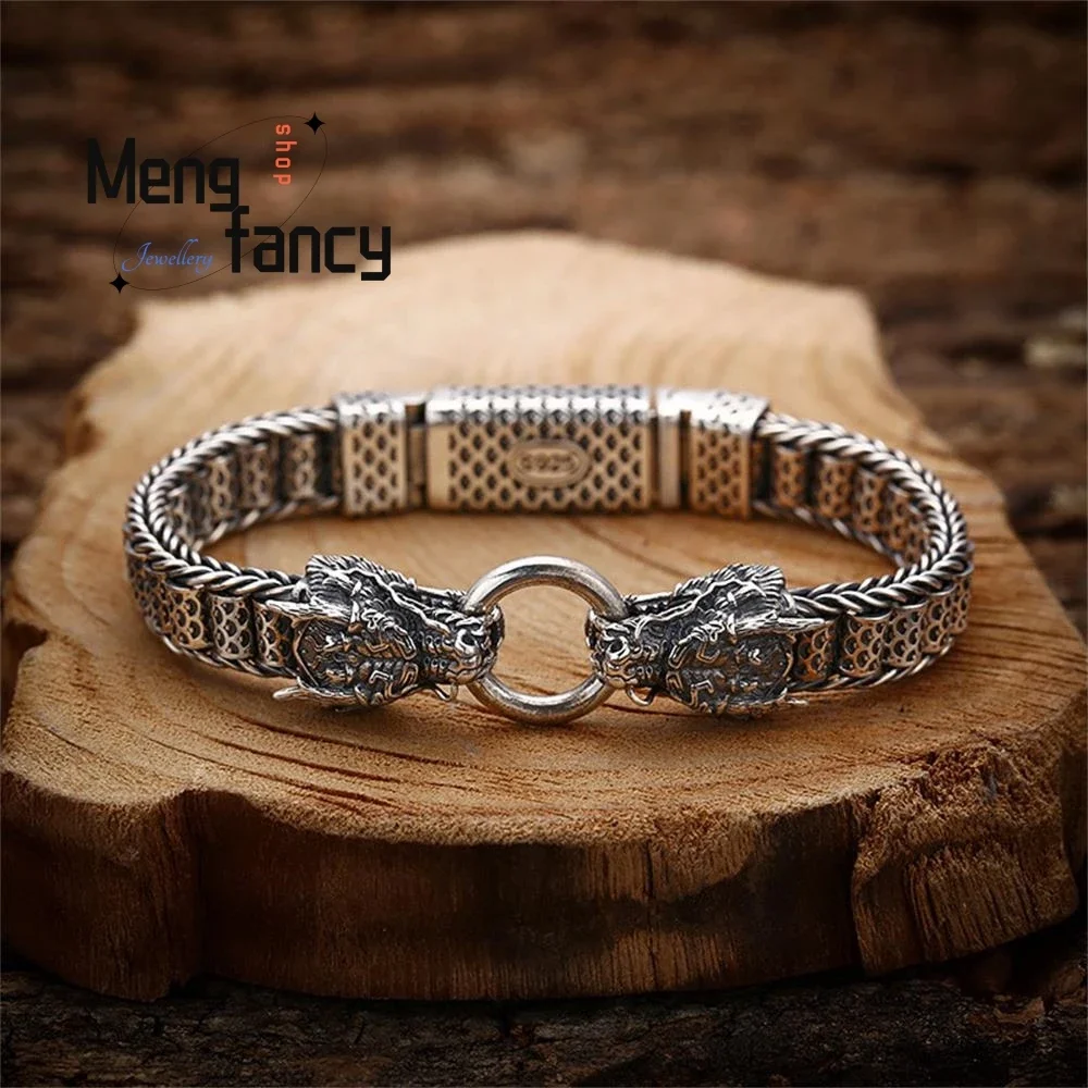 

Hand Woven Simple Elegant High-grade Bracelet Double Head Dragon Thick Trend Thai Silver Vintage Exquisite Fashion Fine Jewelry