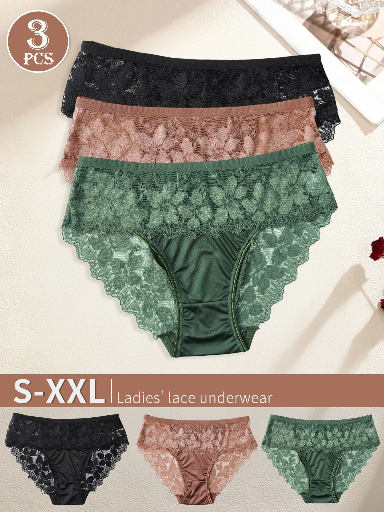 3PCS Elegant Retro Lace Floral Panties Lightweight Breathable Satin Briefs Mixed Color Luxury Women's Mid-Rise Underwear