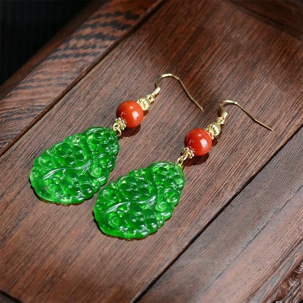 Retro Green Jade Leaf Veins Large Drop Style Dangle Earring Vintage Chinese Ancient Gem Hook Earrings for Women Jewelry Gift