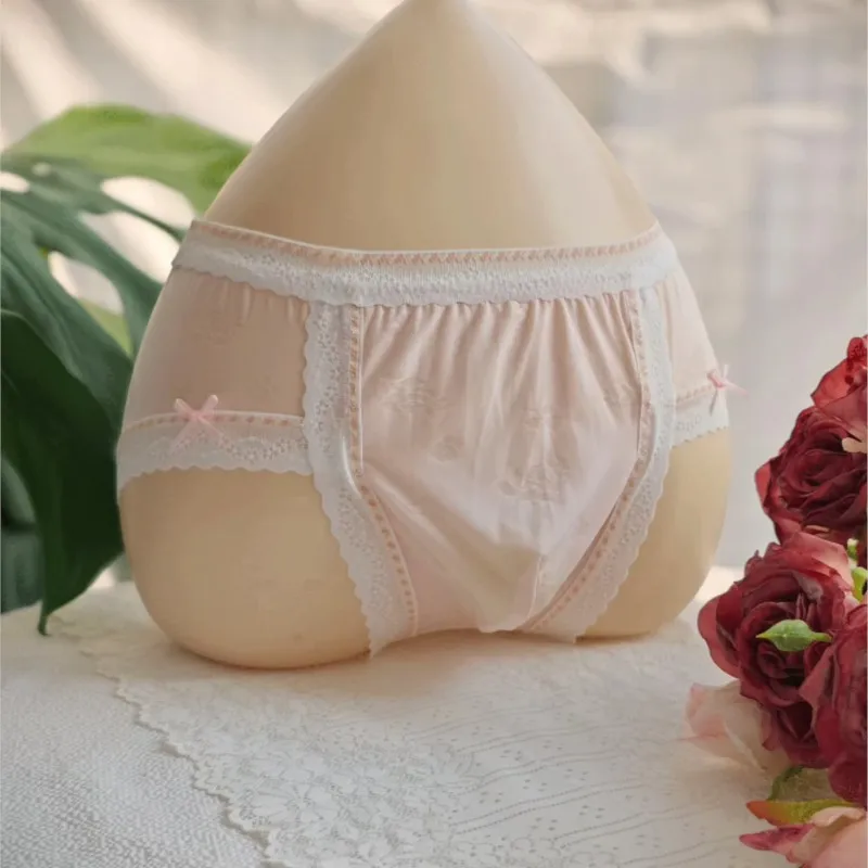 Mid Low Waist Men Ice Silk Ultra-Thin Briefs Smooth Breathable Lace Bow Breathable Lingerie Sexy Printing Underwear