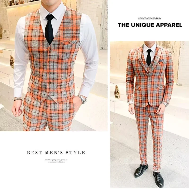 ( Jackets + Vest + Pants ) New Fashion Boutique Plaid Mens Casual Business Suit Groom Wedding Dress Suit 3pces Set Male Blazer