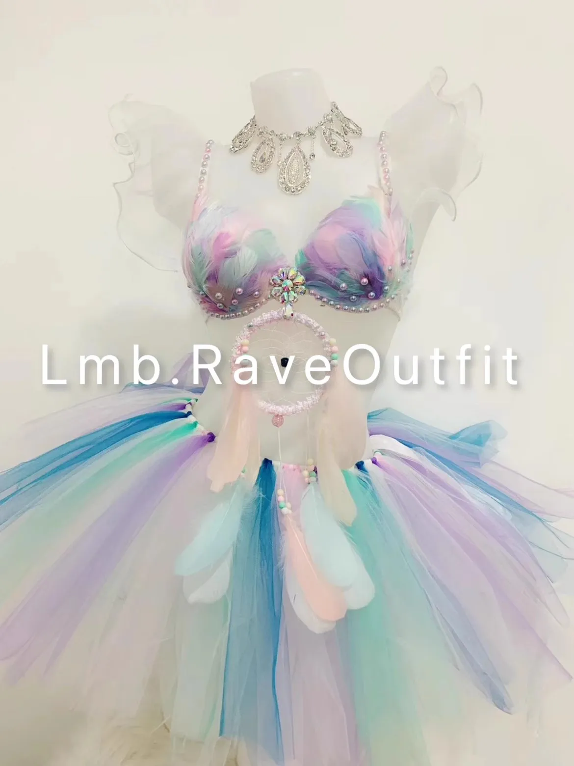 Colorful Feather Pearl Bikini Yarn Tutu Party Skirt Sweet Temperament Chiffon Electric Syllabus Singer Dance Stage Rave Outfit