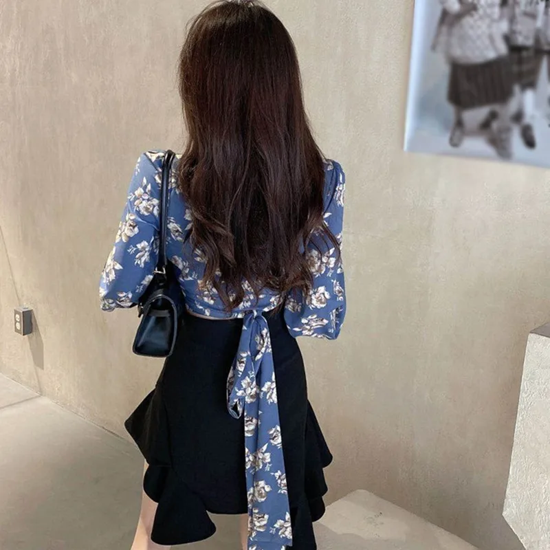 Ladies V-neck Floral Lace Splicing Long Sleeve Blouse Bubble Sleeve Chiffon Cross Back Tie Sexy Top