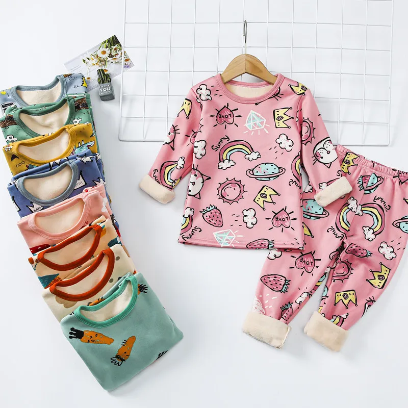 2 to 15Y Children Thermal Underwear Set Fleece Single-layer Boys Girls Winter Clothes  New Baby Cartoon Warm Pajamas Suit