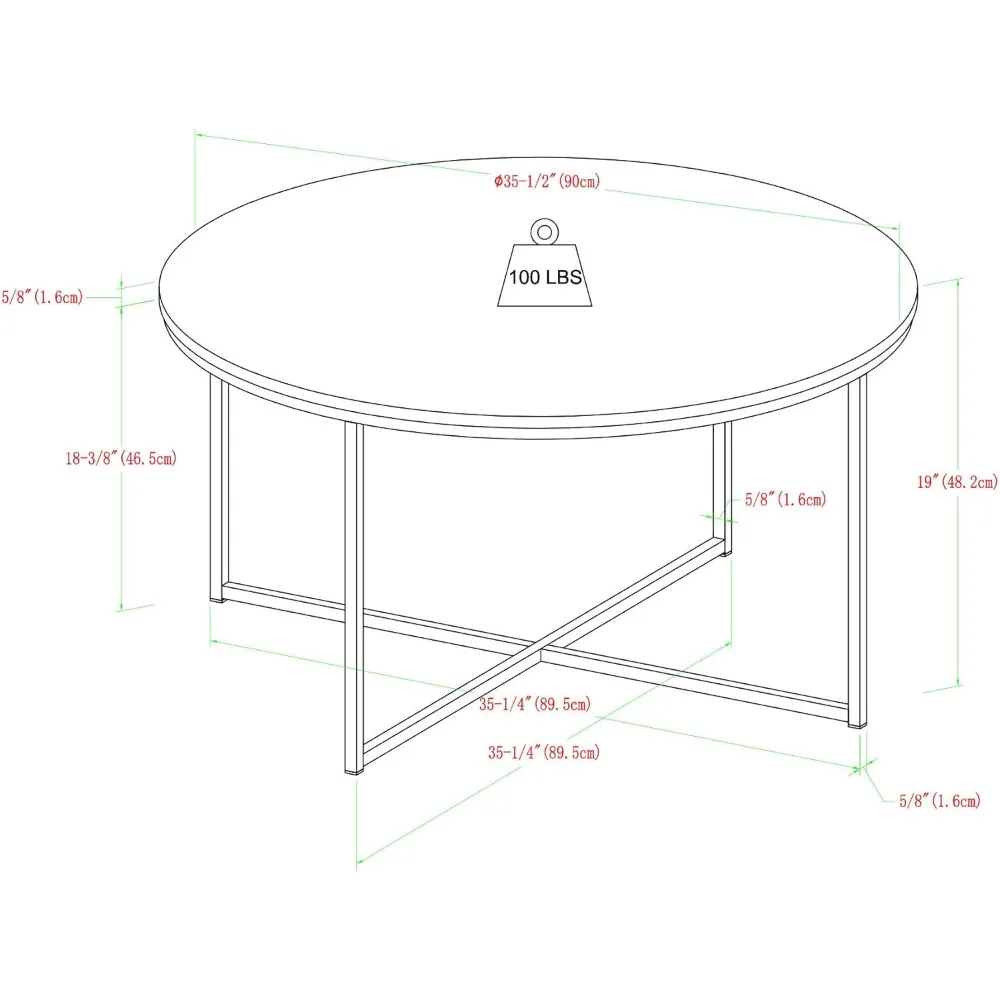 Modern circular artificial marble countertop coffee table with X-base, 36 inches, marble and black