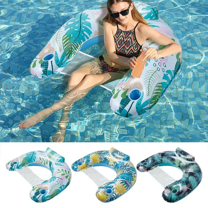 Palm Leaf Pool Float With Cup Holder Floating Mesh Pool Chair PVC Floating Water Raft Inflatable Pool Sofa Float Large Size