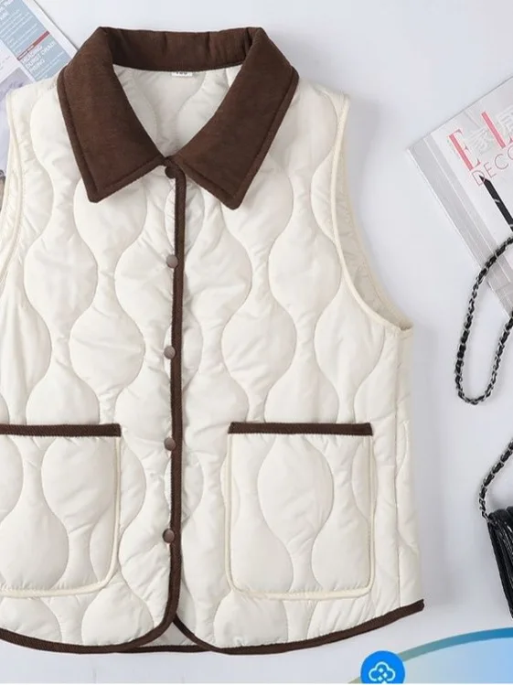 

Теплый хлопковый тюнет, женский жилет с воротником, легкая зимняя верхняя одежда, модный ромбовидный узор, дизайн контрастного цвета