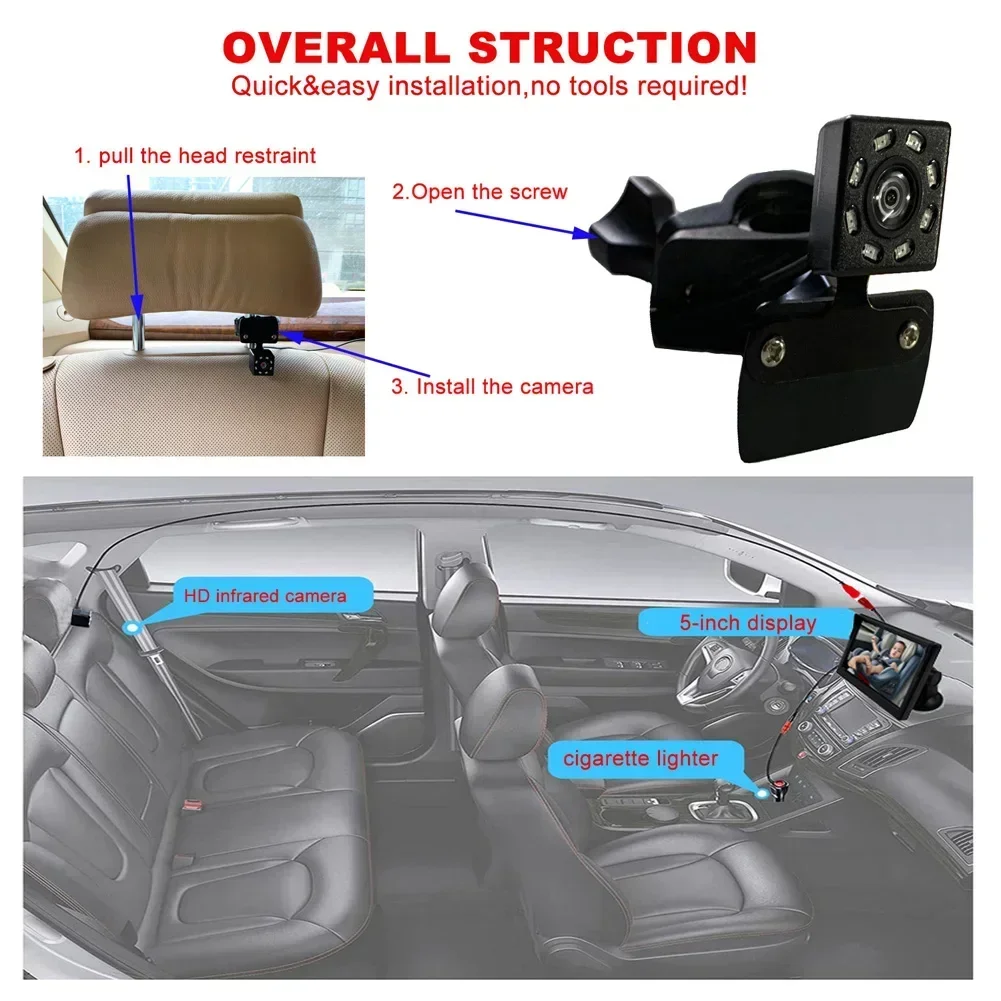 Baby Car Mirror Camera Car Monitor Waterproof IP68 With 5M Video Cable 1080p 5 Inch Monitor Baby Car Monitor Car Seat Mirror