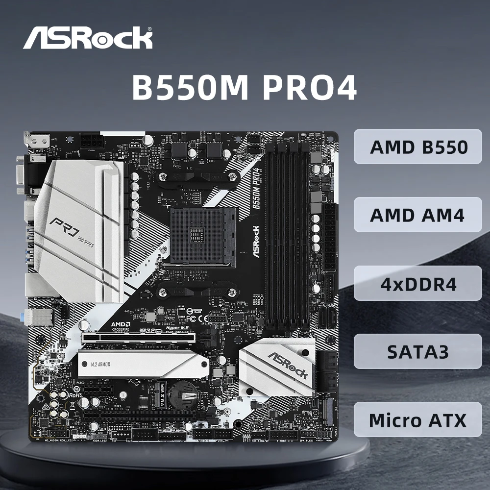 ASRock B550M PRO4 Motherboard Support 3600X 5600G 5700X 5800X3D 5900X CPU 4xDDR4 128GB NVMe M.2 AM4 PCIe 4.0 Micro ATX Mainboard