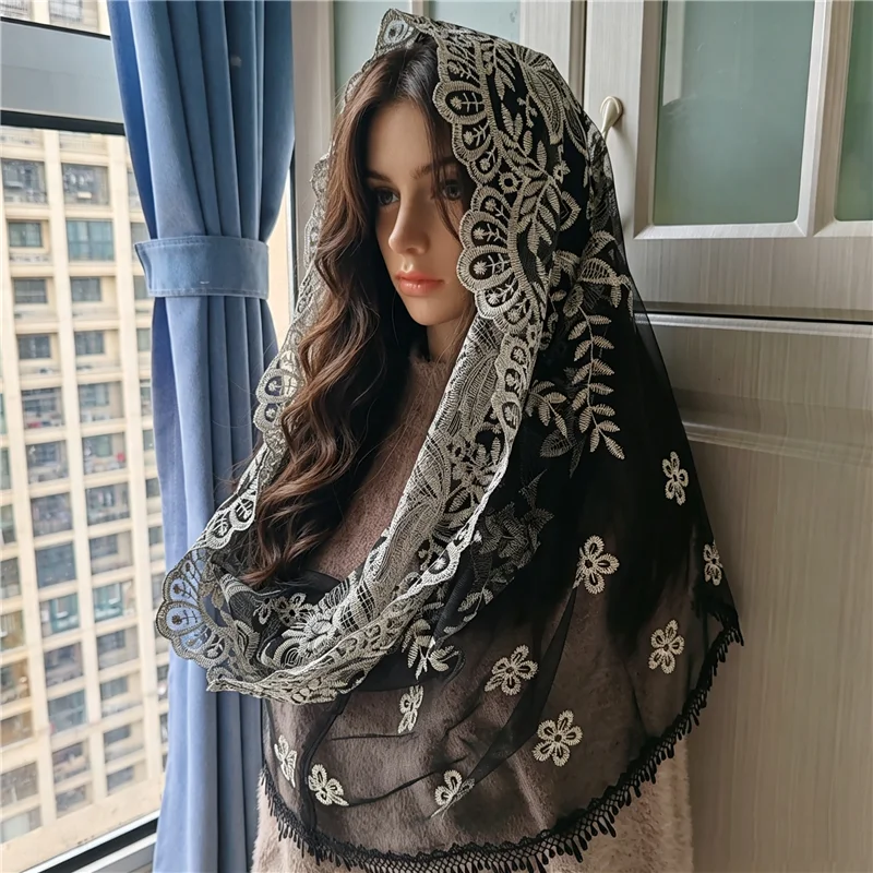 Black Silver Infinity Mantilla Veils For Church Mass Women Head Covering Chapel  Embroidered Lace Sparkly Catholic Gift