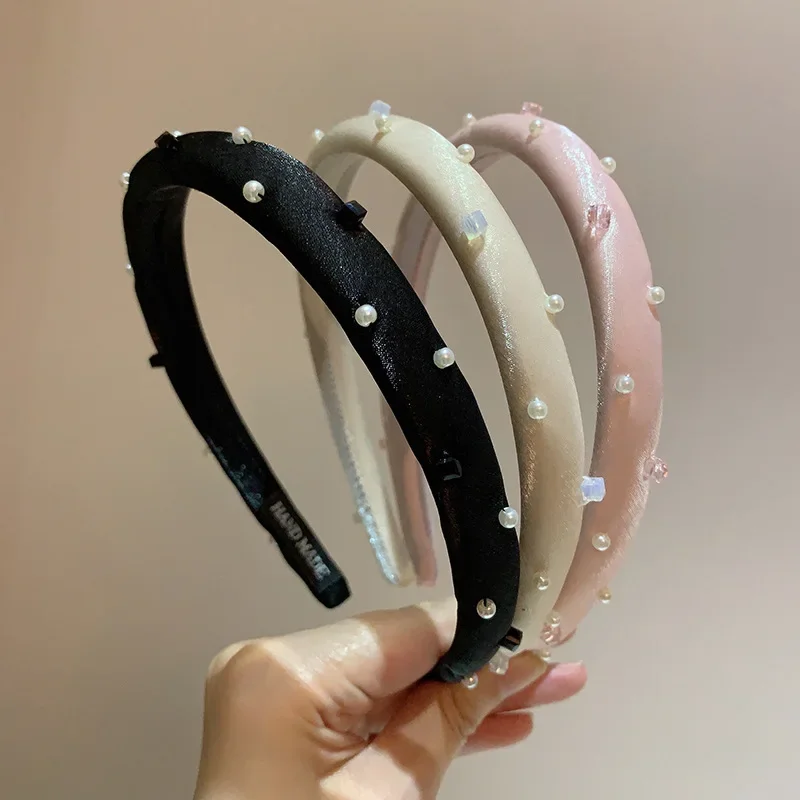 عصابة رأس كورية من اللؤلؤ للنساء بلون سادة، عصابة رأس على شكل طوق للشعر، إكسسوارات للشعر، أغطية رأس عالية الجودة للنساء والفتيات #3