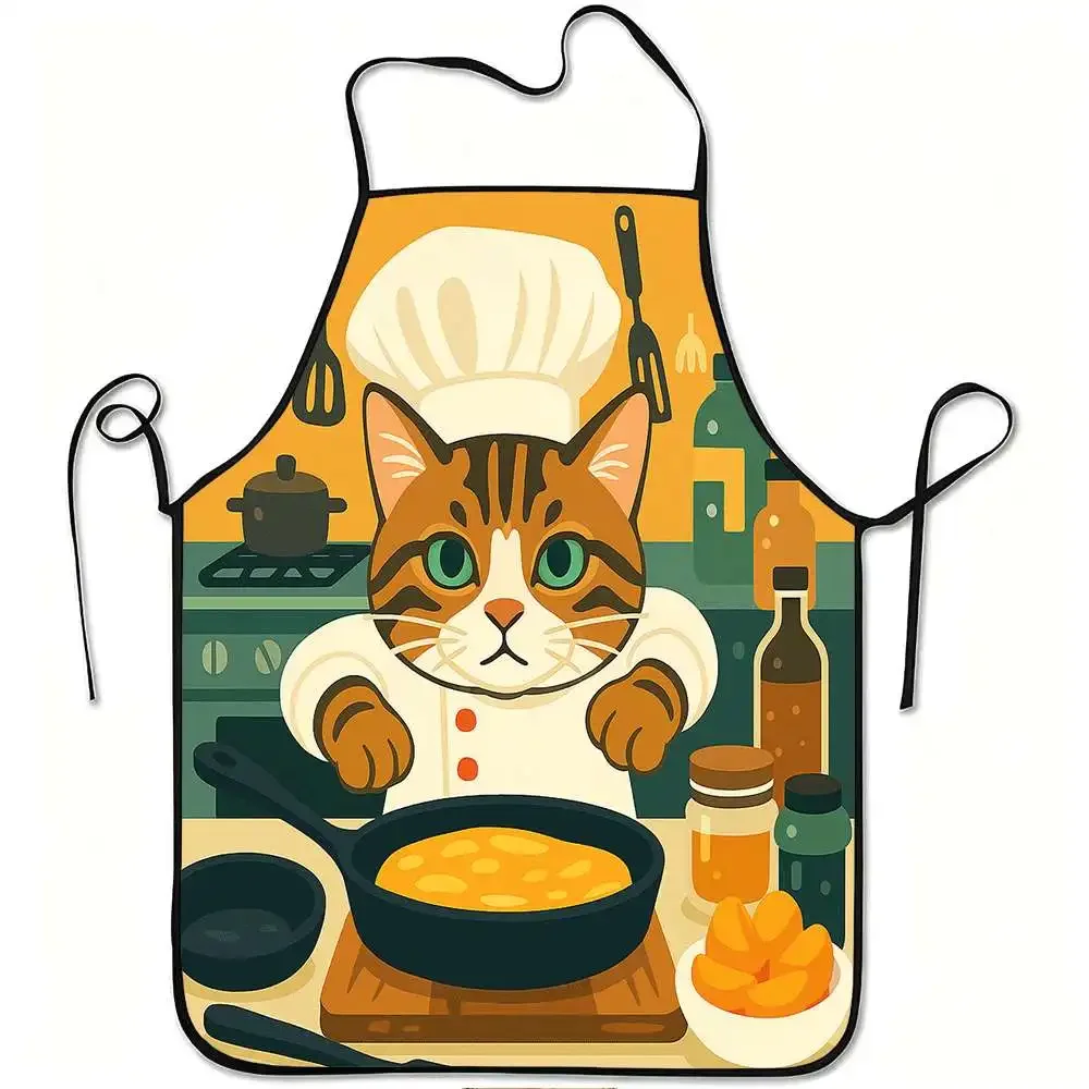Chef Cat Apron Cartoon Cat In Toque Stirring Pan Kitchen Scene Print Polyester Unisex No Pocket