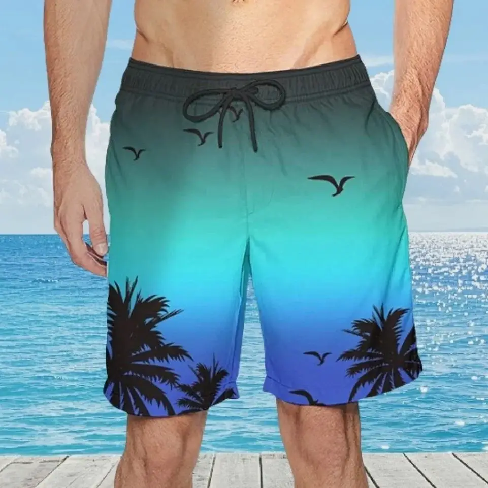 2025 Summer Men Beach Print Shorts Surfing Swimwear Fitness Workout Trunks Male Sportswear With Pockets Pants S-5XL