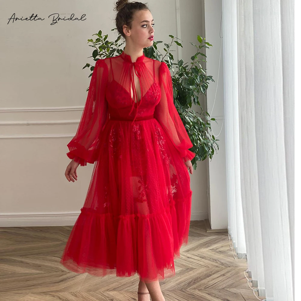 

Arietta Red Dotted Tulle Midi Prom Dresses Long Puff Sleeves Sheer Neckline Appliques Tea-Length A-Line Wedding Party Gowns