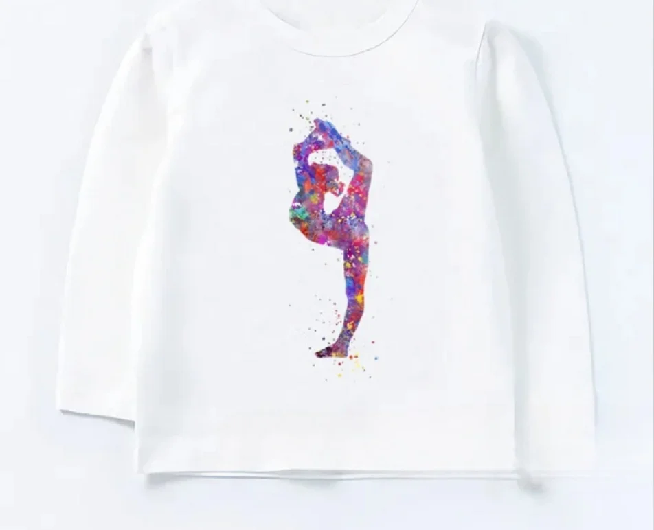 

Watercolor Gymnastics Art Print Kids T-Shirts GYM New Girls Clothes Spring Autumn Baby Long Sleeve Tshirt Casual Children Tops