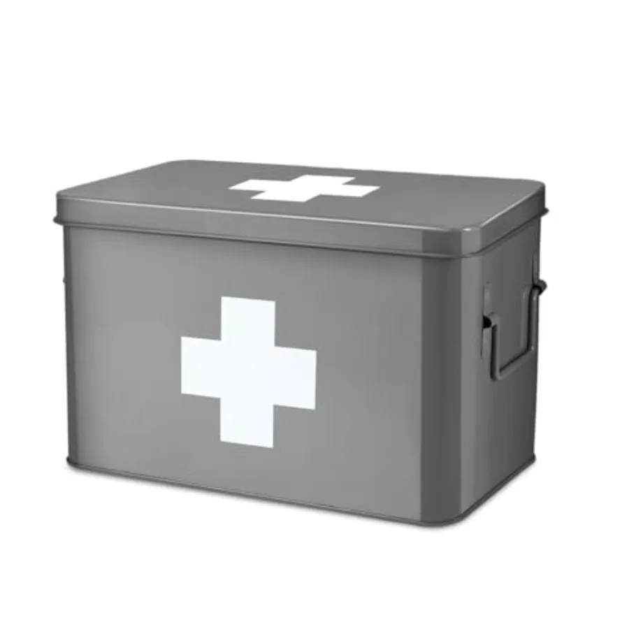 

Flexzion Vintage First Aid Kit 13" Metal Box with Dividers Removable Tray and Cross Logo