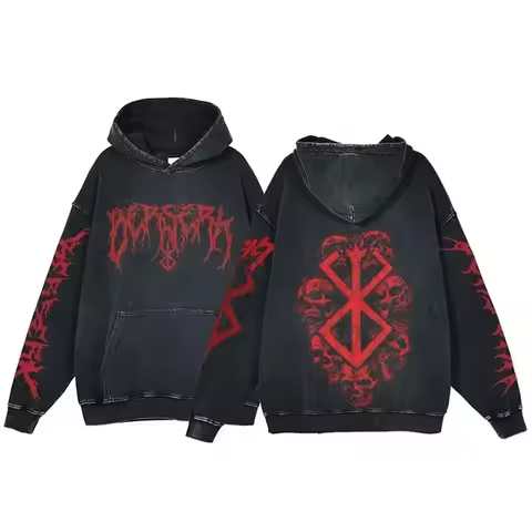 Anime Berserk Retro Washed Hoodies 100% Cotton Tops Black Acid Vintage Hooded Sweatshirts Oversize Hip Hop Male Pullover