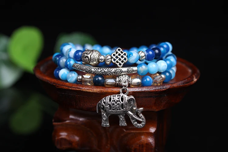 6mm  Natural Blue Agate Beads Bracelet Female Vintage Fine Multi-layer Jewelry For Woman's Gifts Can Drop Shipping