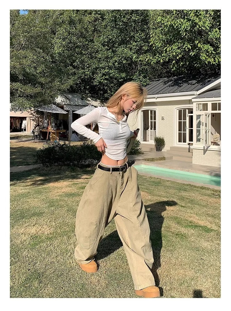 Pantalon Cargo taille haute pour femmes, Style américain rétro, jambes droites, ample, décontracté, jambes larges, longueur au sol