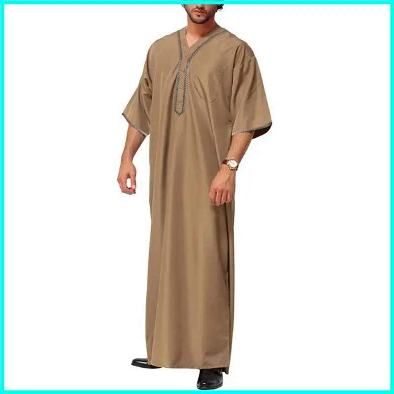Middle East Jubba Thobe Muslim Male Shirt V Collar Muslim Robes for w/ Button