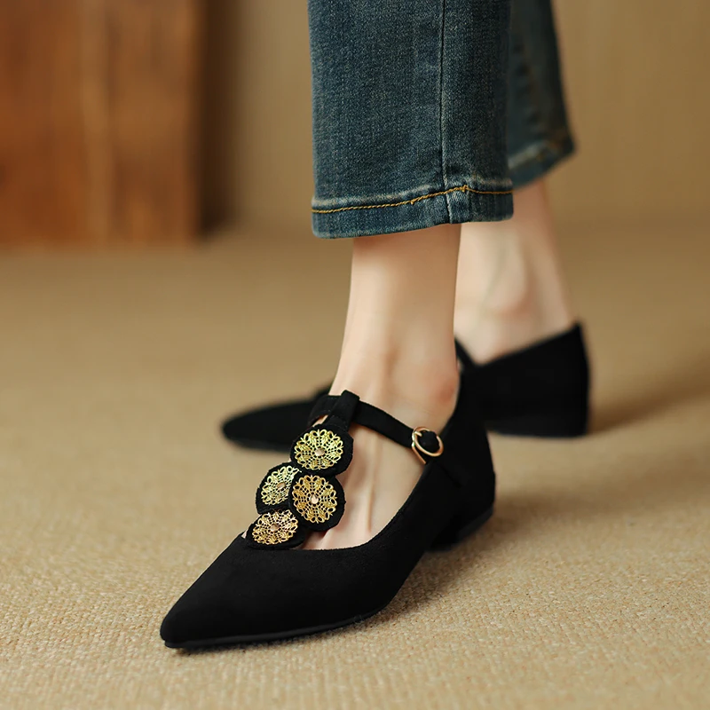 

Women Flat Shoes Pointed Toe Concise Flock Flats T Strap Spring Summer Elegant Ladies Shoes Size 32-43