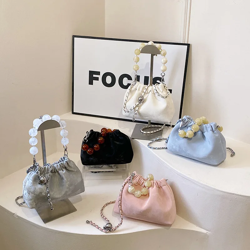 Korean Fashion Solid Pu Bucket Bags Trendy Simple Beaded Tote Handbags For Women Daily Shopping Shoulder Bag Crossbody femme