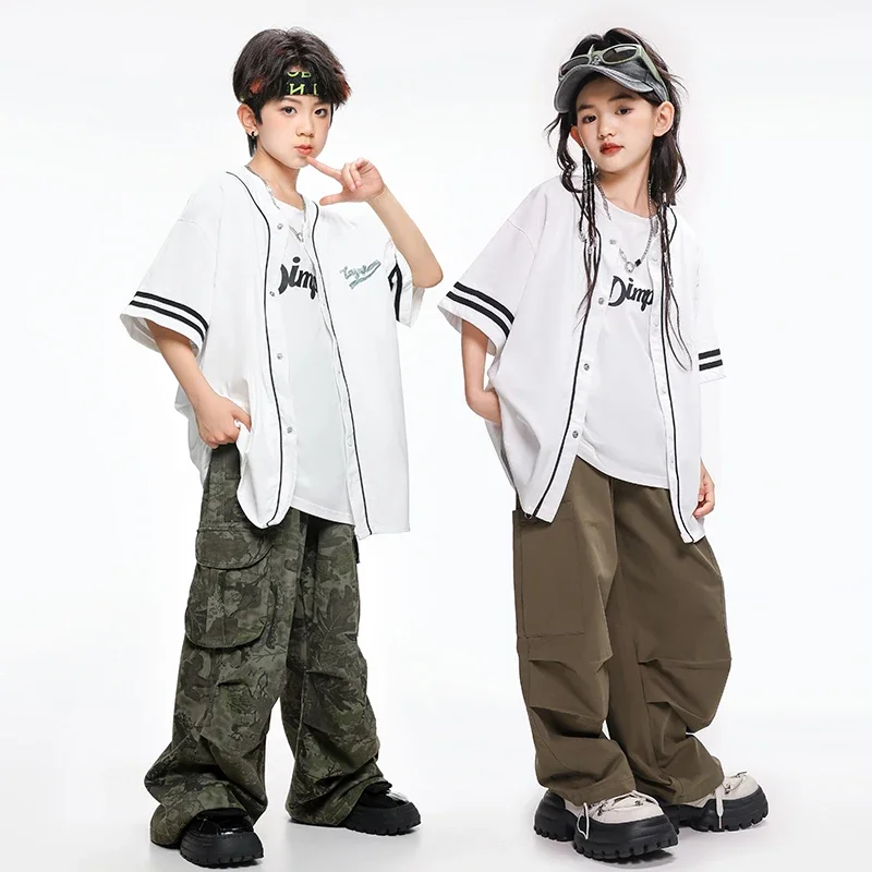 Jungen Hip Hop Baseball Shirt Street Dance Jogger Mädchen Lose Camo Cargo Hosen Kind Streetwear Kinder Jazz Kostüme Kleidung Sets
