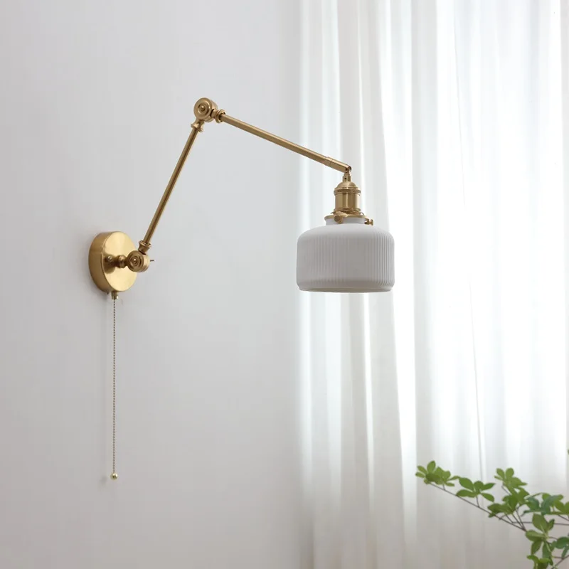 Nordic Pull Cord Switch LED Brass Base Wall Lamp Ceramic Lampshade Living Room Bedroom Restaurant Bedside E27 Rocker Arm Sconces