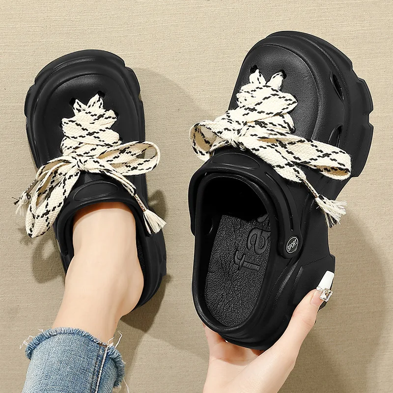 QYCKABY Summer NEW Beach Sandals Womens EVA Hollow Garden Shoes Popular Hole Sneakers Antiskid EVA Shoelace Decoration Footwear