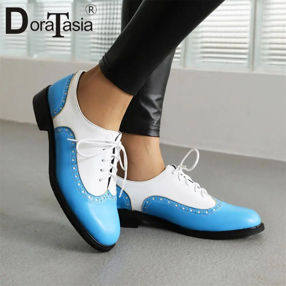 

Big Size 43 Brand New Ladies Mixed Colors Brogue Shoes Fashion Chunky Heels Lace-up women's Flats Casual Office Pump Woman Shoes