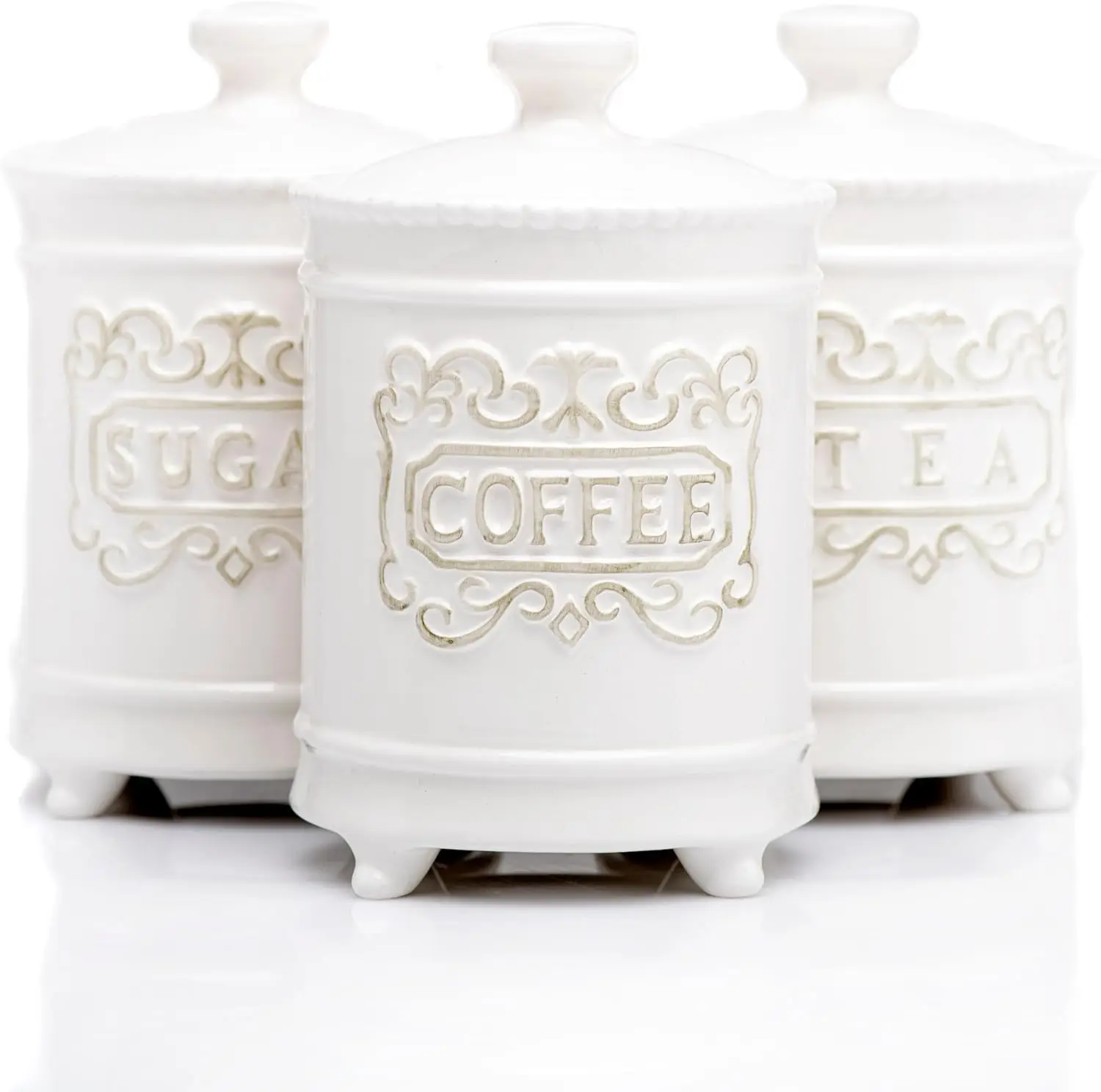 

Elegant Ceramic Kitchen Canisters Set of 3 - Airtight Storage for Coffee, Tea, Sugar with Feet for Stability