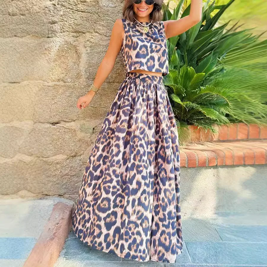 Fashion Leopard Print Women's Two Pieces Set Spring O Neck Sleeveless Vest Top & Long Skirt Outfits Summer Backless Bowknot Suit