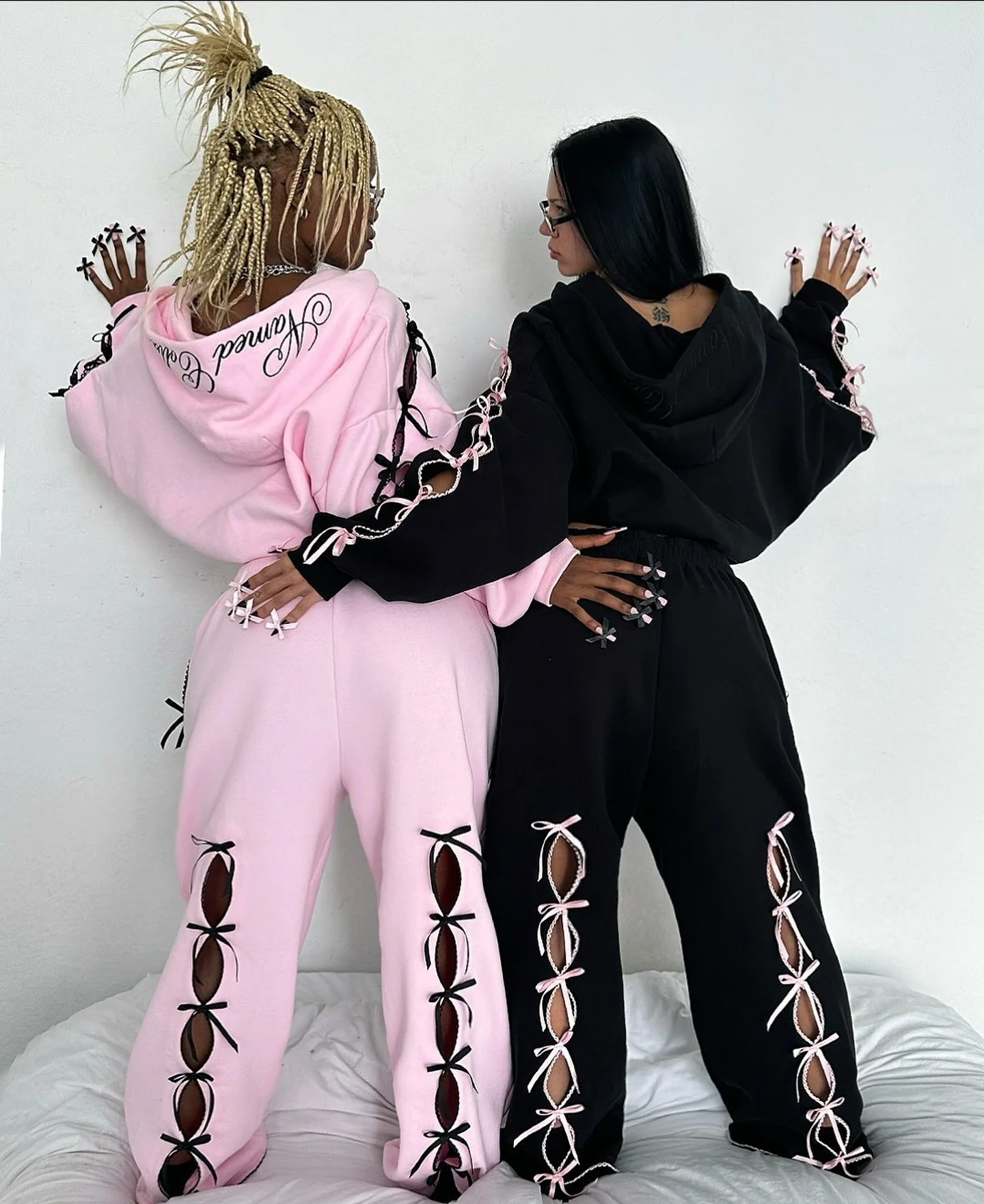 Hollow Bowknots Y2k Short Plush Hoodies Ribbon Streetwear Wide Leg Pants Letter Printed Harajuku Jackets Casual Women Clothing