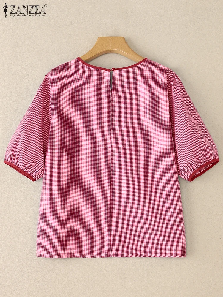 2025 ZANZEA Letnia bluzka z krótkim rękawem i dekoltem w kratę Damskie luźne koszule w kratę Casualowa koszula wakacyjna Damskie bluzki do pracy Oversize