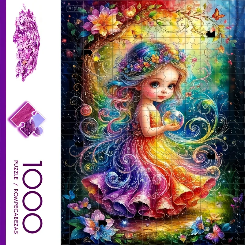 1000피스 마법의 요정 소녀 직소 퍼즐, 빛나는 요정과 꽃밭 - 어른과 가족을 위한 도전적인 대형 직소 퍼즐